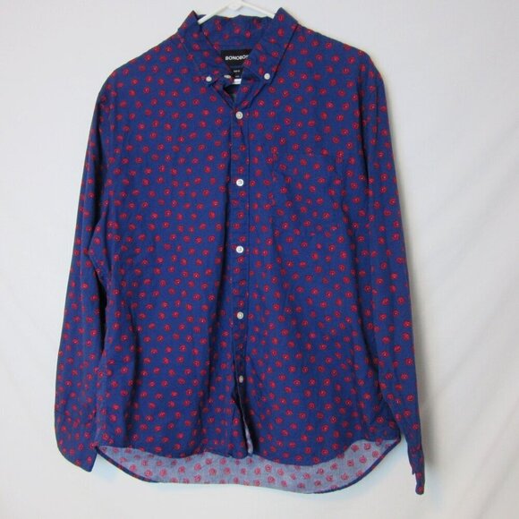 BONOBOS Navy Blue Floral Printed Long Sleeve Button Up Cotton Slim Fit XL Short - Picture 1 of 6